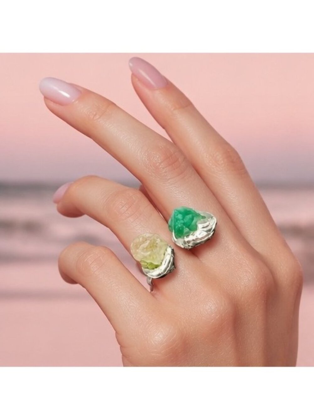 East Coast Sea Glass Spoon Ring, Green & Yellow | Alma Antigua